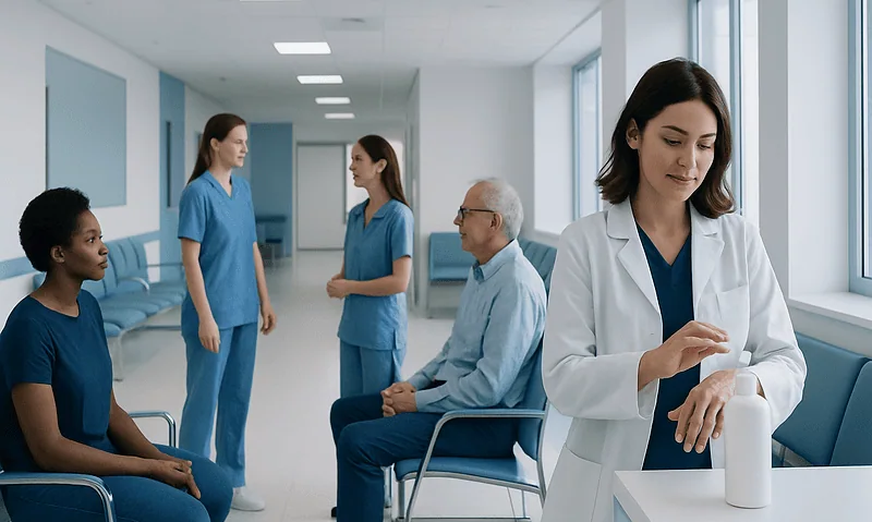 Healthcare professionals and patients in a hospital corridor.