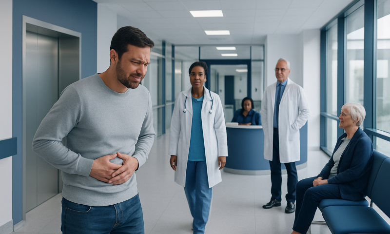 Man experiencing stomach pain in hospital corridor with medical staff nearby.