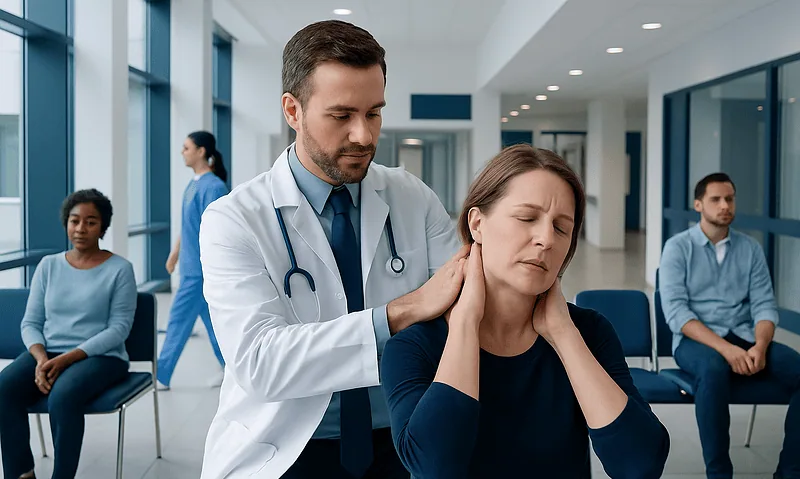Doctor examining a woman with neck pain in a hospital corridor.