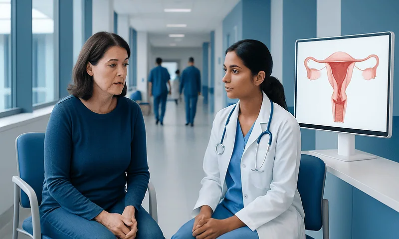 Doctor consulting with a patient in a hospital corridor with a uterus diagram on screen.