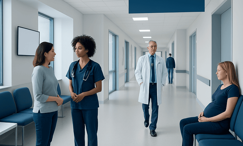 Medical staff and patient in hospital corridor at Acibadem Hospitals Group.