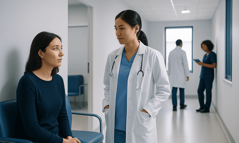 Doctor consulting a patient in a hospital corridor.