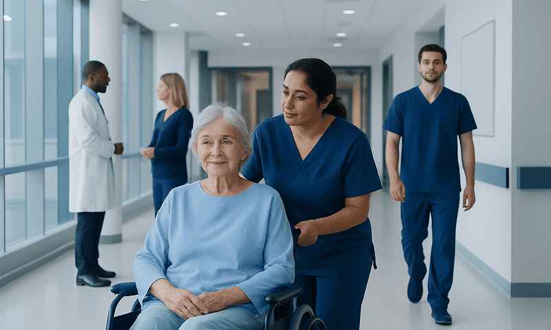 Elderly patient in hospital with healthcare staff and medical team.