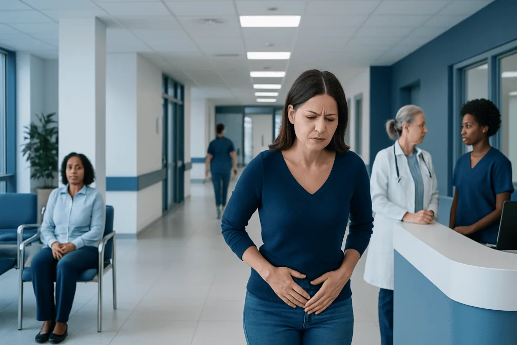 UTI Symptoms Explained: Common Triggers and Red Flags 1 Woman experiencing abdominal pain in hospital corridor.