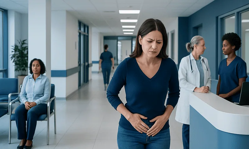 Woman experiencing abdominal pain in hospital corridor.