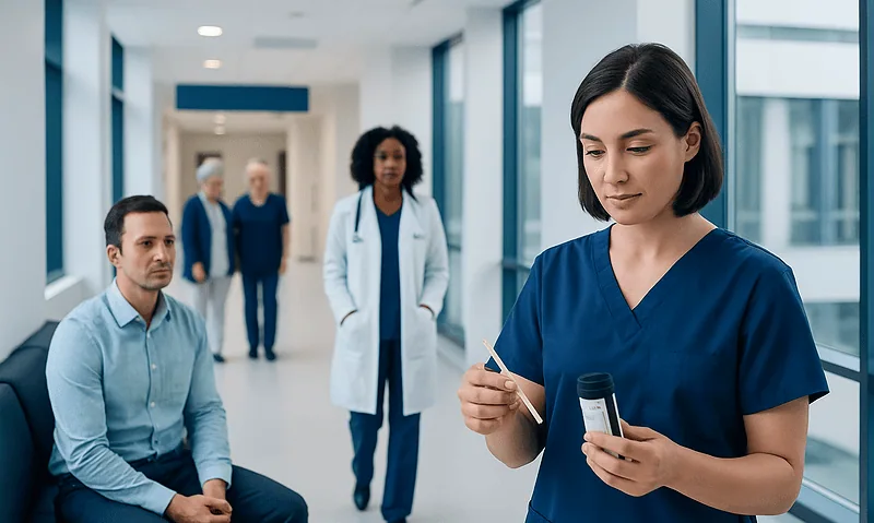 Nurse preparing UTI test strips in hospital corridor.