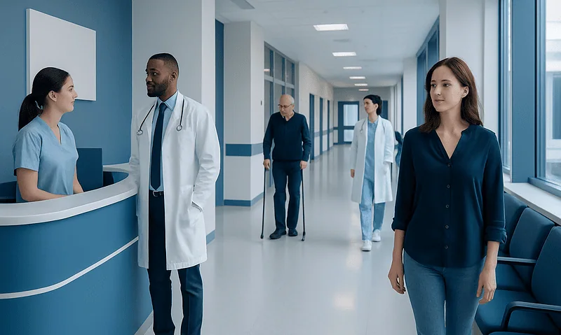 Hospital corridor with medical staff and patient in a healthcare setting.