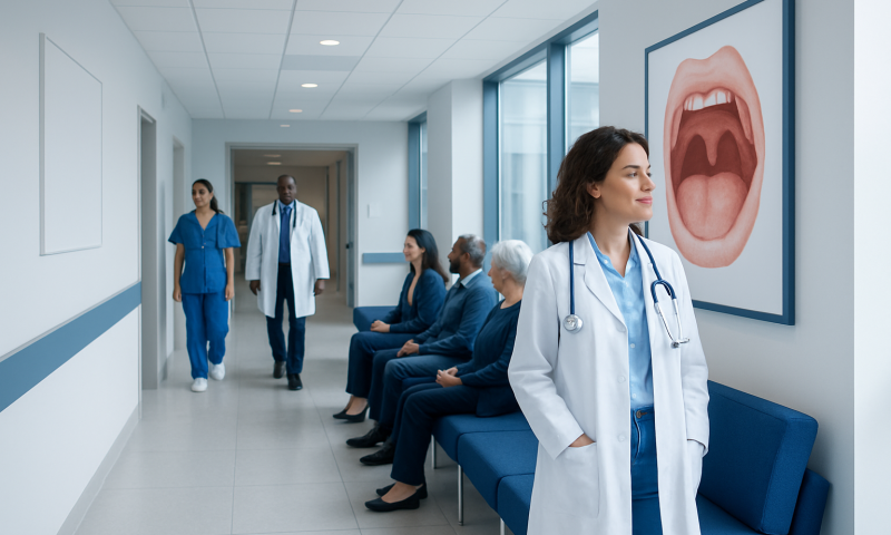Medical professionals and patients in a hospital corridor with throat diagram.
