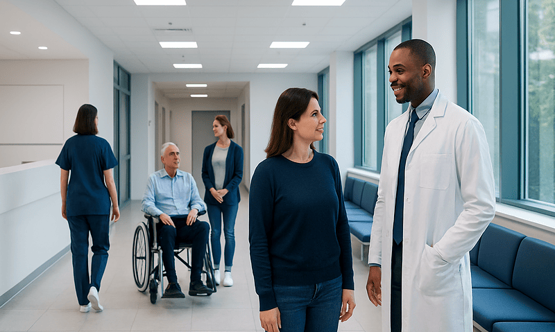 Doctor talking to female patient in hospital corridor with other staff and patient in wheelchair.
