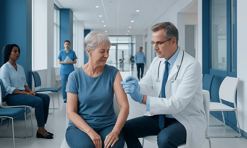 Doctor administering vaccine to elderly woman in hospital corridor.
