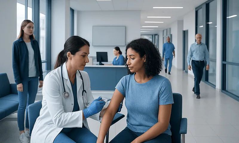 Medical professional administering vaccine to a patient in a hospital corridor.