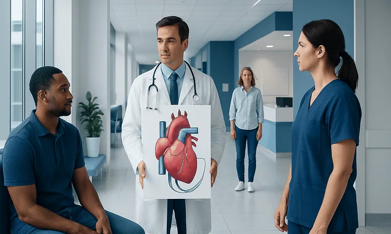 Doctor explaining heart health to patient in hospital corridor.