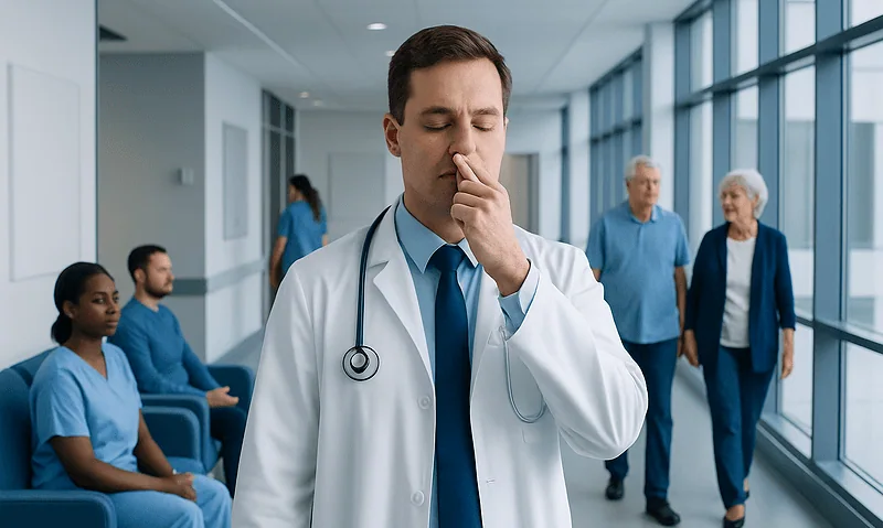 Doctor experiencing discomfort in a hospital corridor with patients nearby.
