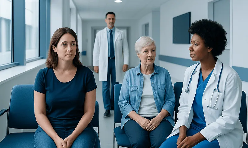 Vaginal Cancer: What Is Normal, What Is Not, and When to Seek Care 9 Medical consultation with diverse healthcare professionals and patient in hospital corridor.