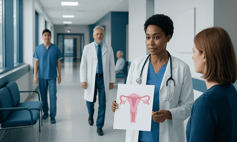 Healthcare professional holding a uterus diagram in a hospital corridor.
