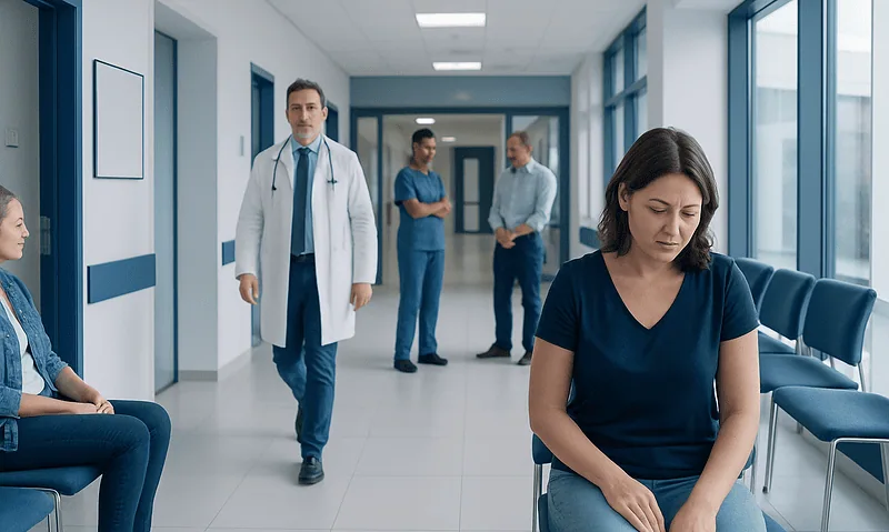 Woman experiencing discomfort in a hospital corridor with medical staff nearby.