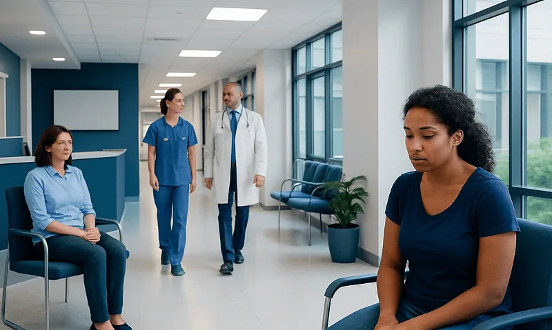 Patients waiting in a hospital corridor with medical staff nearby.