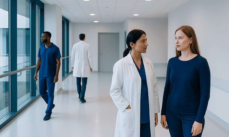 Medical professionals consulting in a hospital corridor.