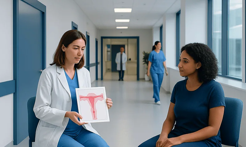 Gynecologist explains uterine health to patient in hospital corridor.
