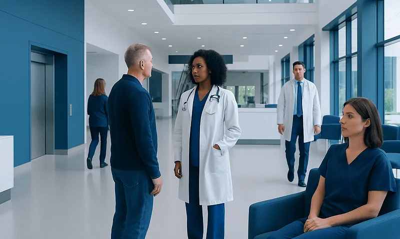 Medical professionals and patient in modern hospital lobby.