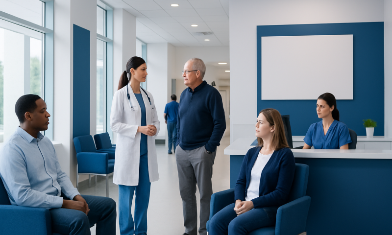 Medical consultation in a modern hospital waiting area with healthcare professionals and patients.