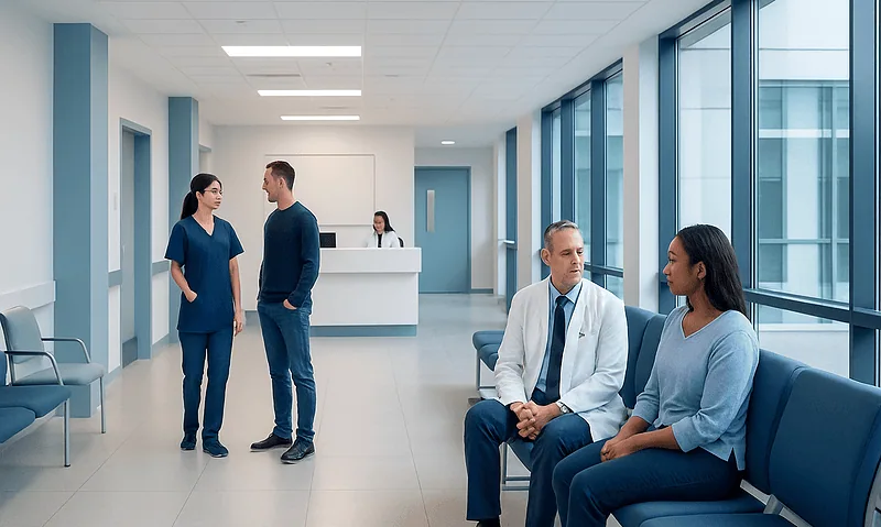 Hospital waiting area with medical staff and patients at Acibadem Hospitals Group.