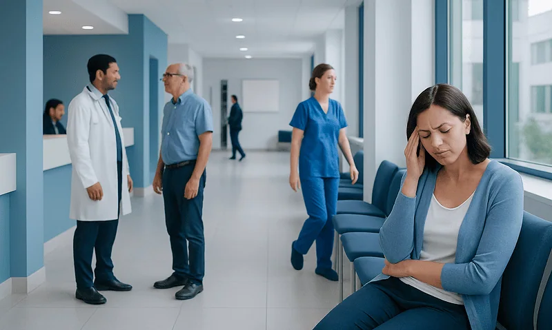 Patient experiencing headache in hospital corridor with medical staff nearby.