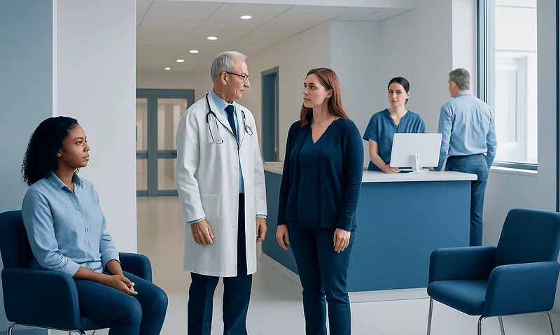 Medical consultation in a hospital with doctor and patients.
