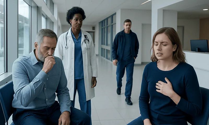 Patient experiencing chest pain in hospital corridor with medical staff nearby.