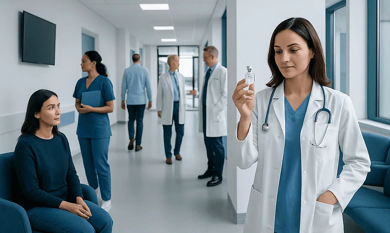 Vancomycin: What Patients Need to Know 13 Doctor preparing to administer medication to a patient in a hospital corridor.