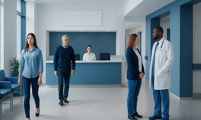 Medical staff and patients in a modern hospital corridor at Acibadem Hospitals Group.