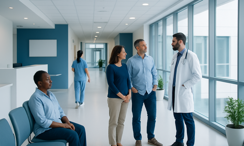 Medical consultation in a modern hospital corridor with healthcare professionals and patients.