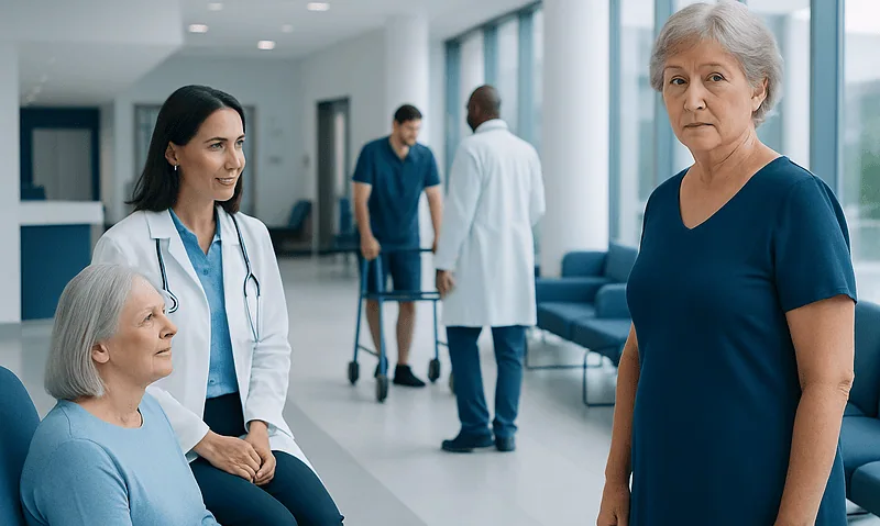 Healthcare professionals consulting with elderly patient in hospital corridor.