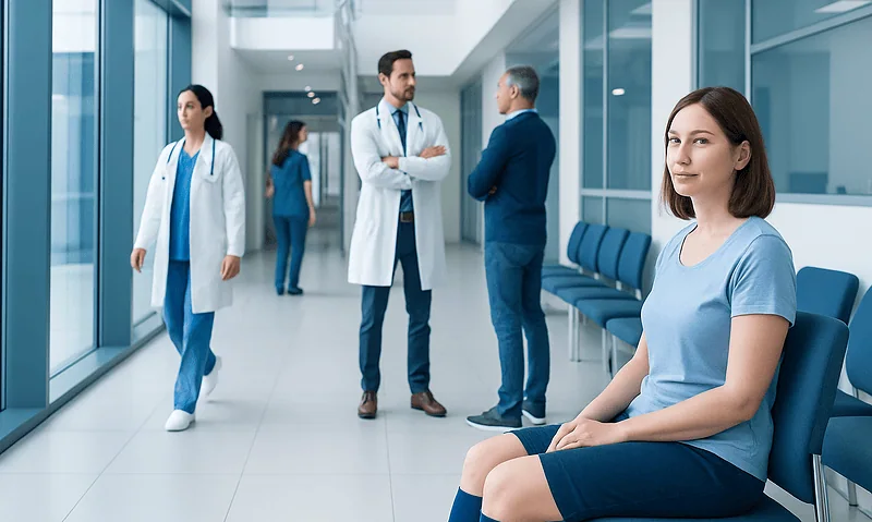 Young woman waiting in hospital corridor with medical staff nearby.