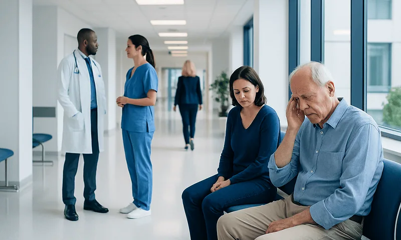Patients waiting in a hospital corridor with medical staff nearby.