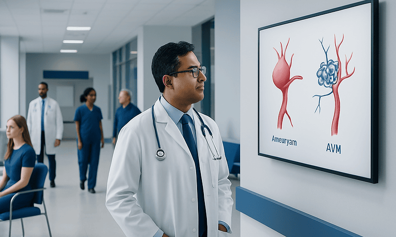 Vascular neurologist examining brain aneurysm and AVM diagrams on screen.