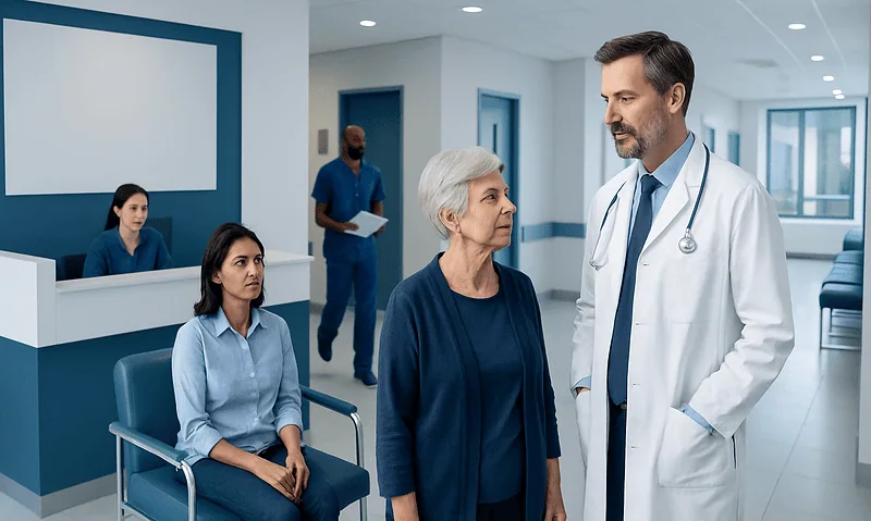 Doctor consulting elderly patient in hospital waiting area.