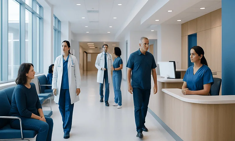 Hospital waiting area with medical staff and patients in a modern healthcare facility.