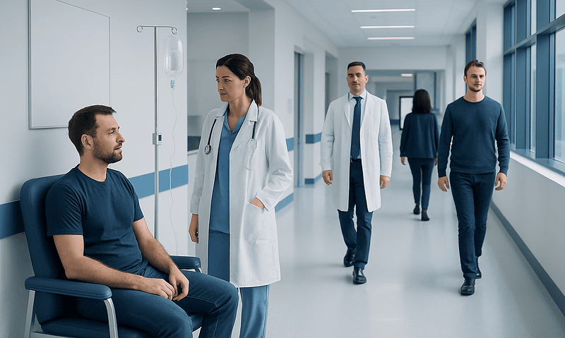 Doctor consulting with patient in hospital corridor at Acibadem Hospitals Group.