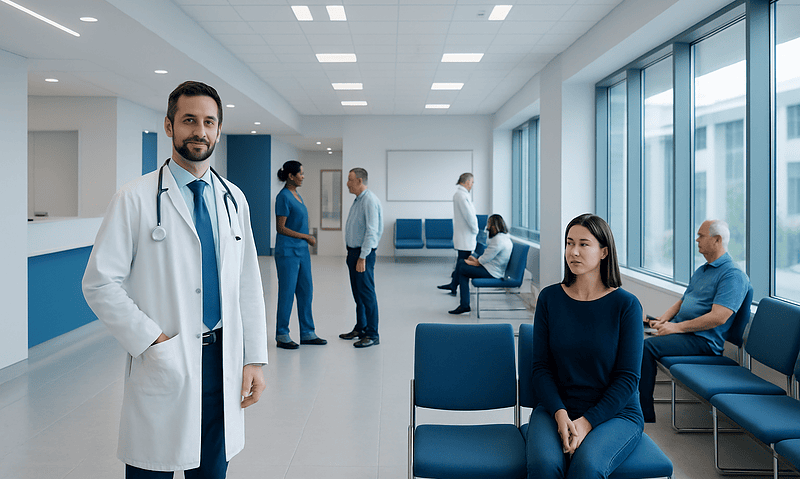 Medical professionals and patients in a modern hospital waiting area.