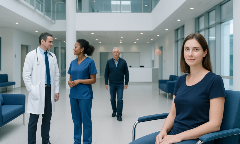 Healthcare professionals and patient in modern hospital lobby.