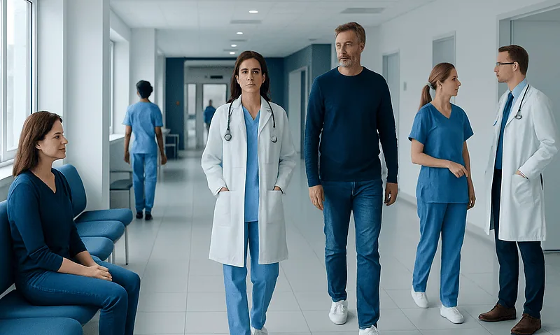 Medical professionals and a patient in a hospital corridor.