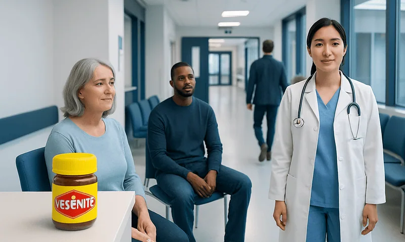 Doctor with patients in hospital corridor, Vesentite supplement on table.