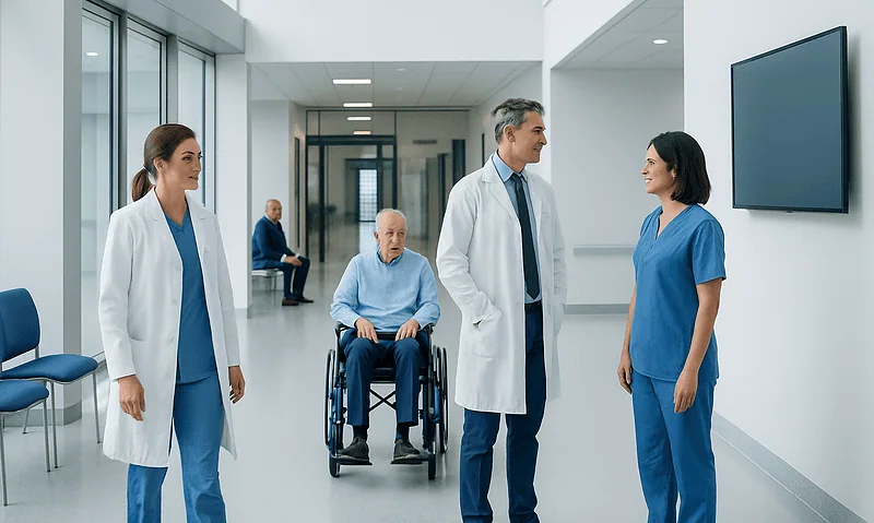 Medical team discussing patient care in a modern hospital corridor.