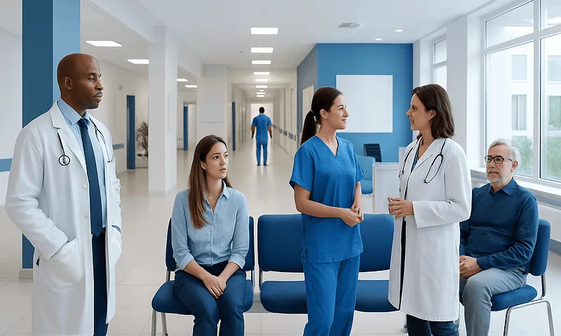 Medical team discussing patient care in hospital corridor.