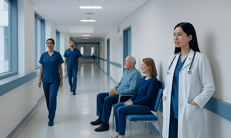 Healthcare professionals and patients in a hospital corridor at Acibadem Hospitals Group.