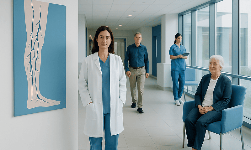 Medical team discussing vein health in hospital corridor with patient.