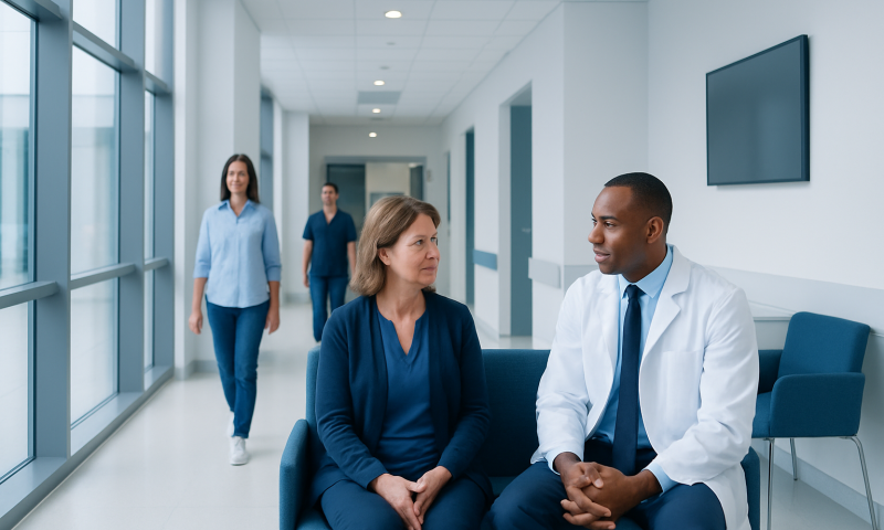 Doctor consulting with a patient in a modern hospital corridor.
