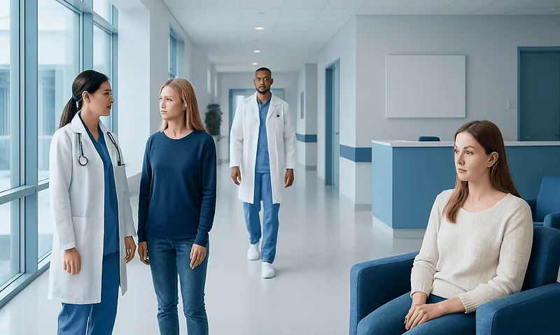 Medical consultation in hospital corridor with female patient and doctors.