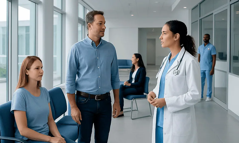 Doctor consulting with a patient and family in a hospital waiting area.